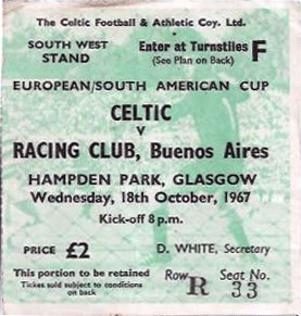 4th November 1967, Racing Club of Argentina 1, v Celtic 0, in