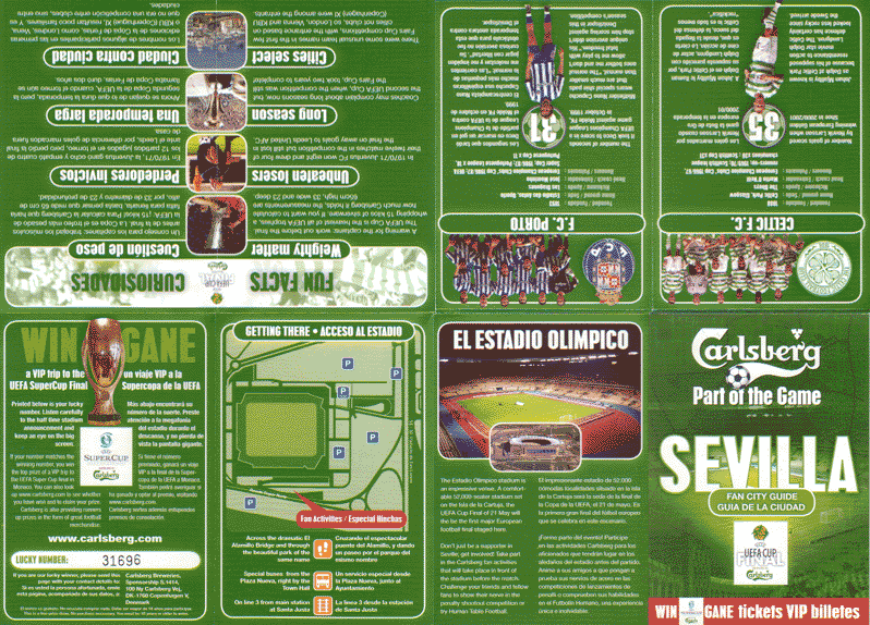 A3 fanfold Carlsberg information leaflet used for the half-time UEAF SuperCup Final tickets draw.