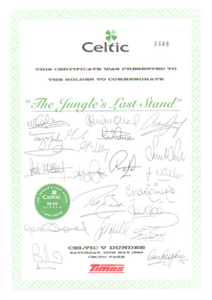 Certificate of Attendance at the Jungle's Last Stand versus Dundee 15th May 1993.
